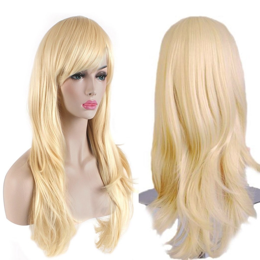 NWT Akstore 28" Long Wavy Blonde Wig Golden Cosplay Costume Wig With Bangs